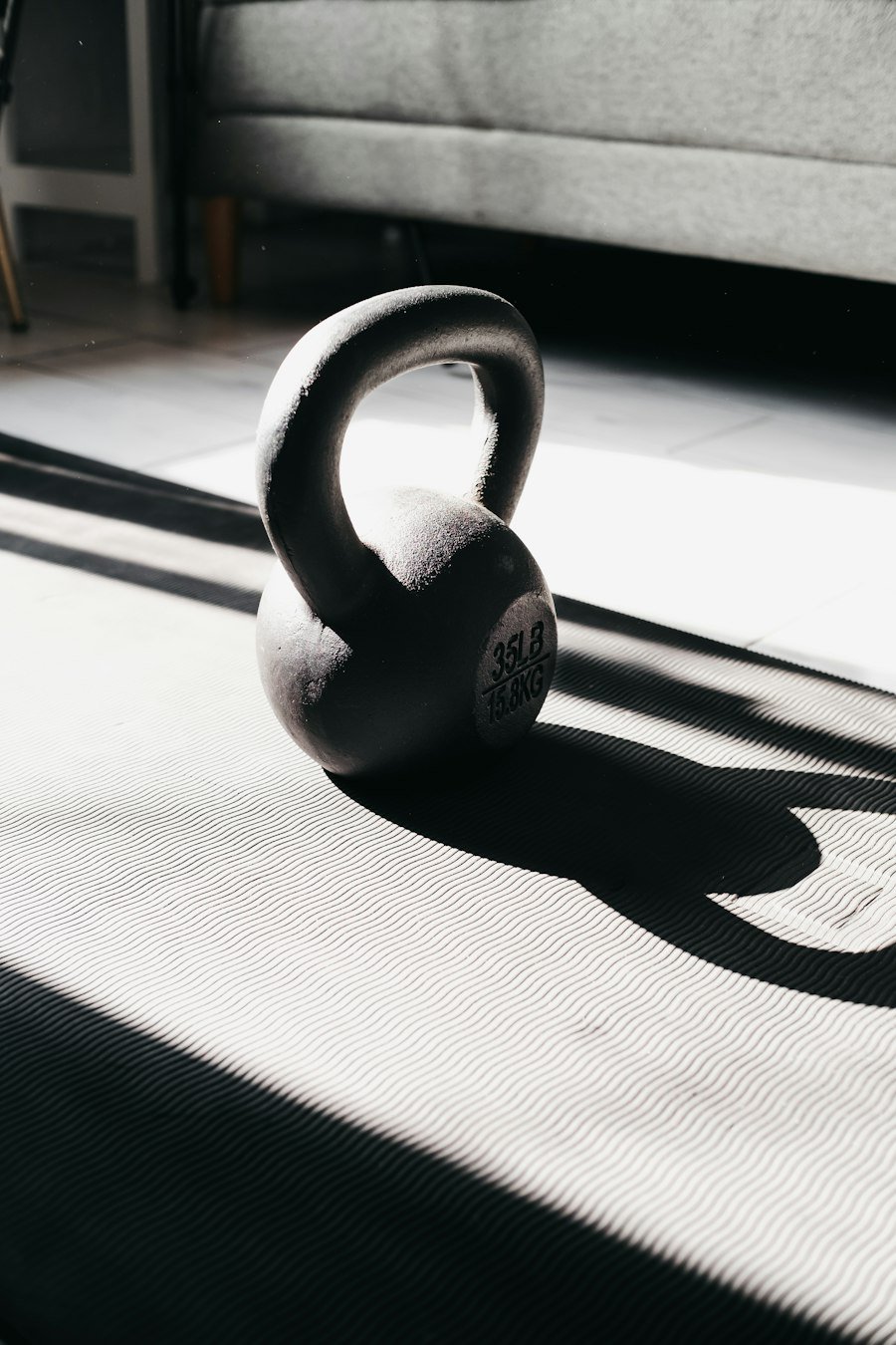 Cast-iron kettlebell in black and white